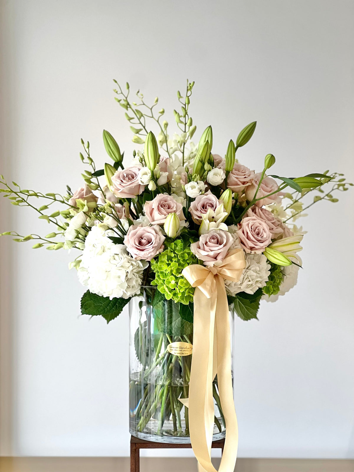 Cheerful Get Well Soon Flowers from Yonge Florist, Vase Arrangement of roses, hydrangeas snd orchids, GTA Delivery