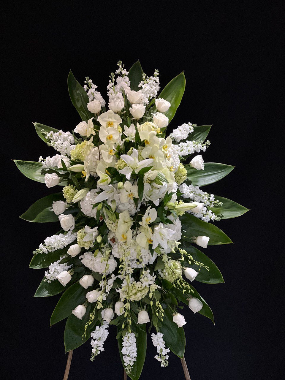 Elegant Remembrance Standing Spray, Floral Standing Spray, all white spray of roses, orchids and stocks