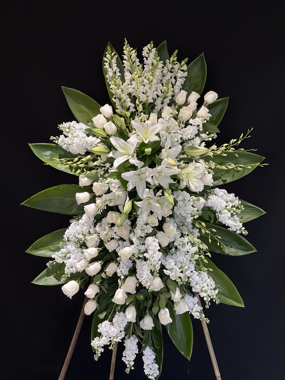  "Tranquil Farewell Standing Spray" - A Graceful Floral Tribute by Yonge Florist, all white fresh flower standing spray, funeral flower delivery to Toronto and whole GTA