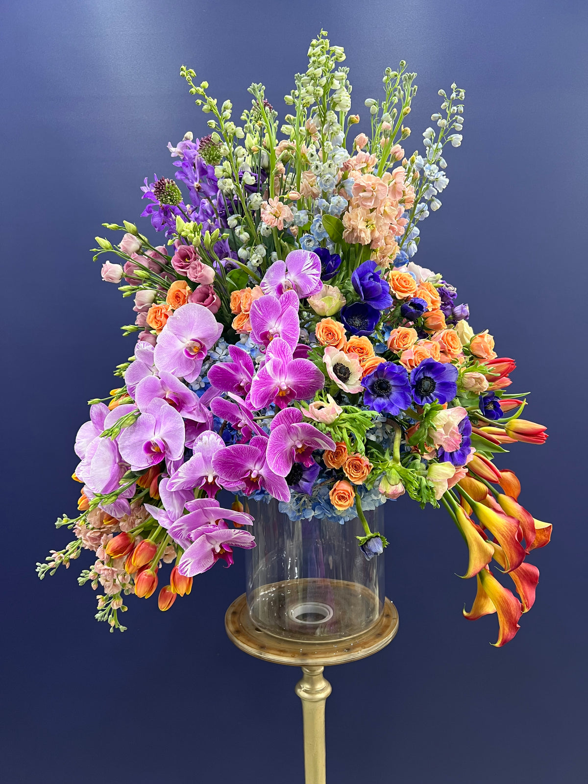 "Vivid Harmony Floral Arrangement: A burst of nature's colors featuring delphiniums, stocks, anemones, lisianthus, tulips, orchids, and mini calla lilies. Perfect for congratulating a new home, celebrating anniversaries, or sending birthday wishes. Expertly crafted by Yonge Florist for local and GTA flower delivery." Front photo light