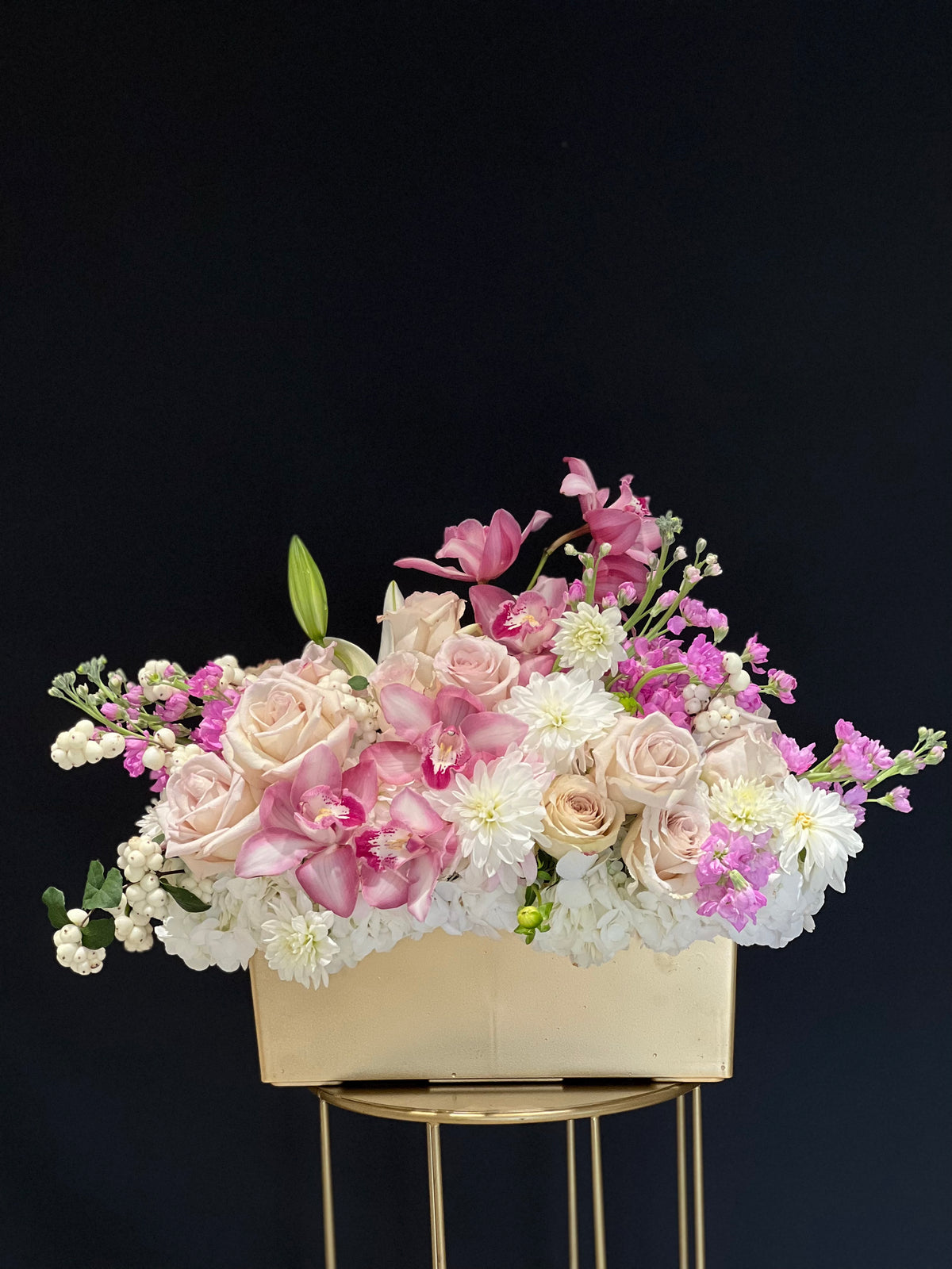 Pastel Dreams Modern Arrangement - A contemporary floral delight featuring white and pastel blooms of Stocks, Roses, Hydrangeas, and Orchids, perfect for birthdays, anniversaries, and special occasions