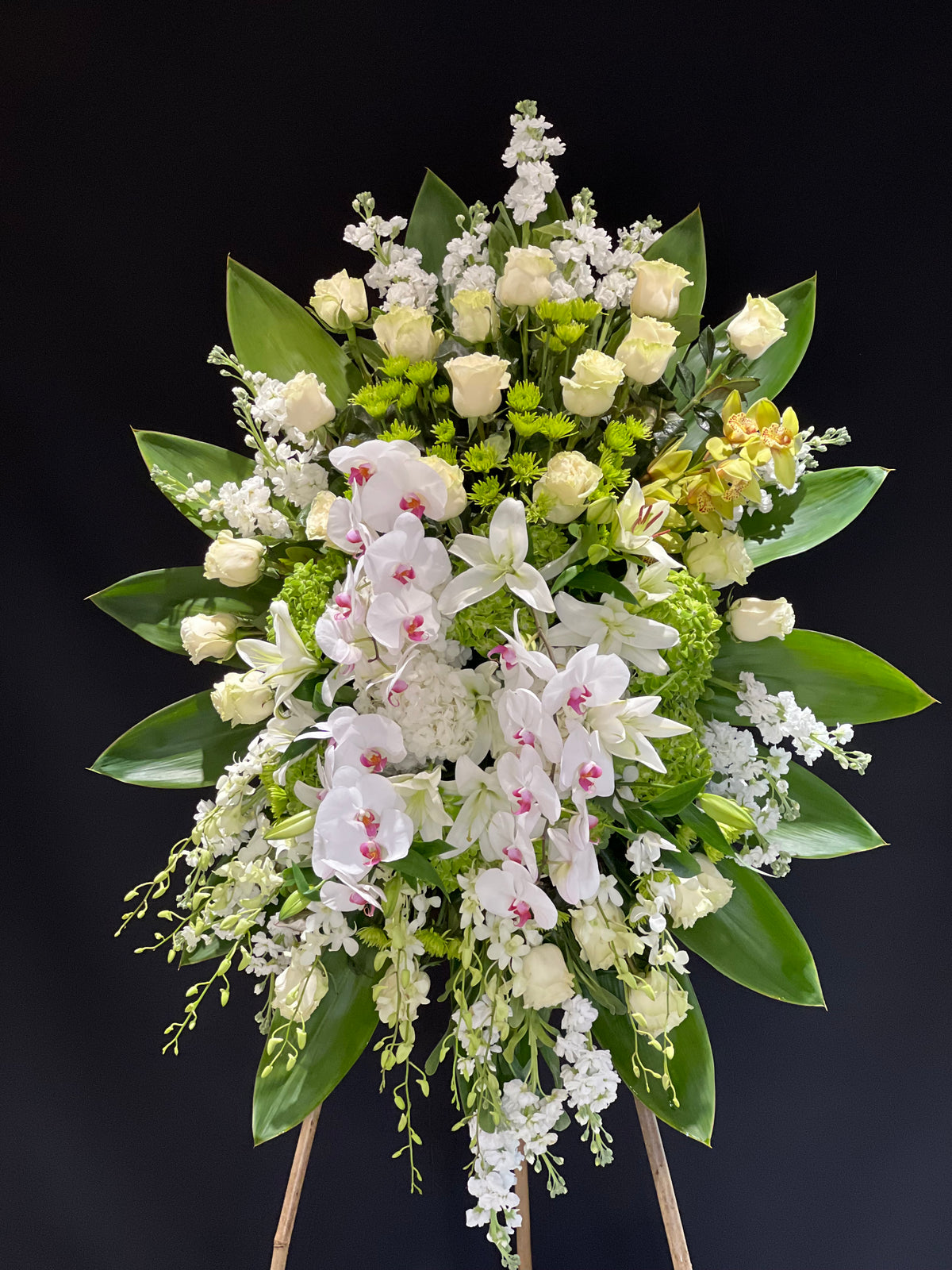 A touching floral spray featuring lilies, stocks, roses, dendrobium orchids, green daisies, and phalaenopsis orchids, designed to offer solace and sympathy during moments of loss. A graceful tribute from Yonge Florist, available for local GTA delivery to funeral homes, churches, chapels, and mosques