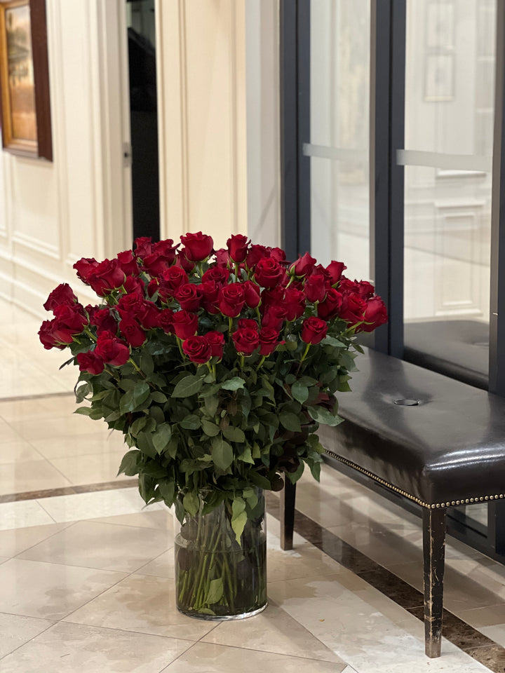 A stunning 100 Stem metre long Red Roses Bouquet, symbolizing passion and romance, perfect for birthdays, anniversaries, and special occasions. Available in four size options.